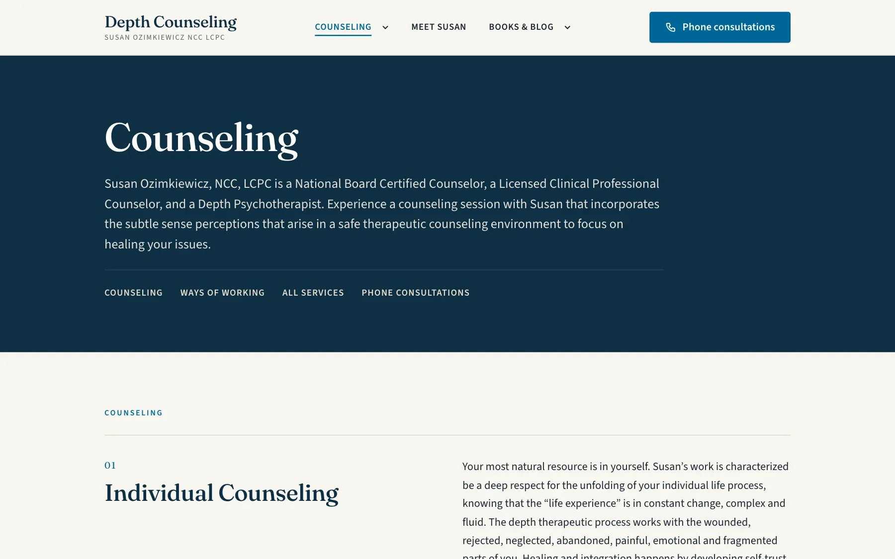 DepthCounseling.com counseling page listing individual, couples and life transition counseling