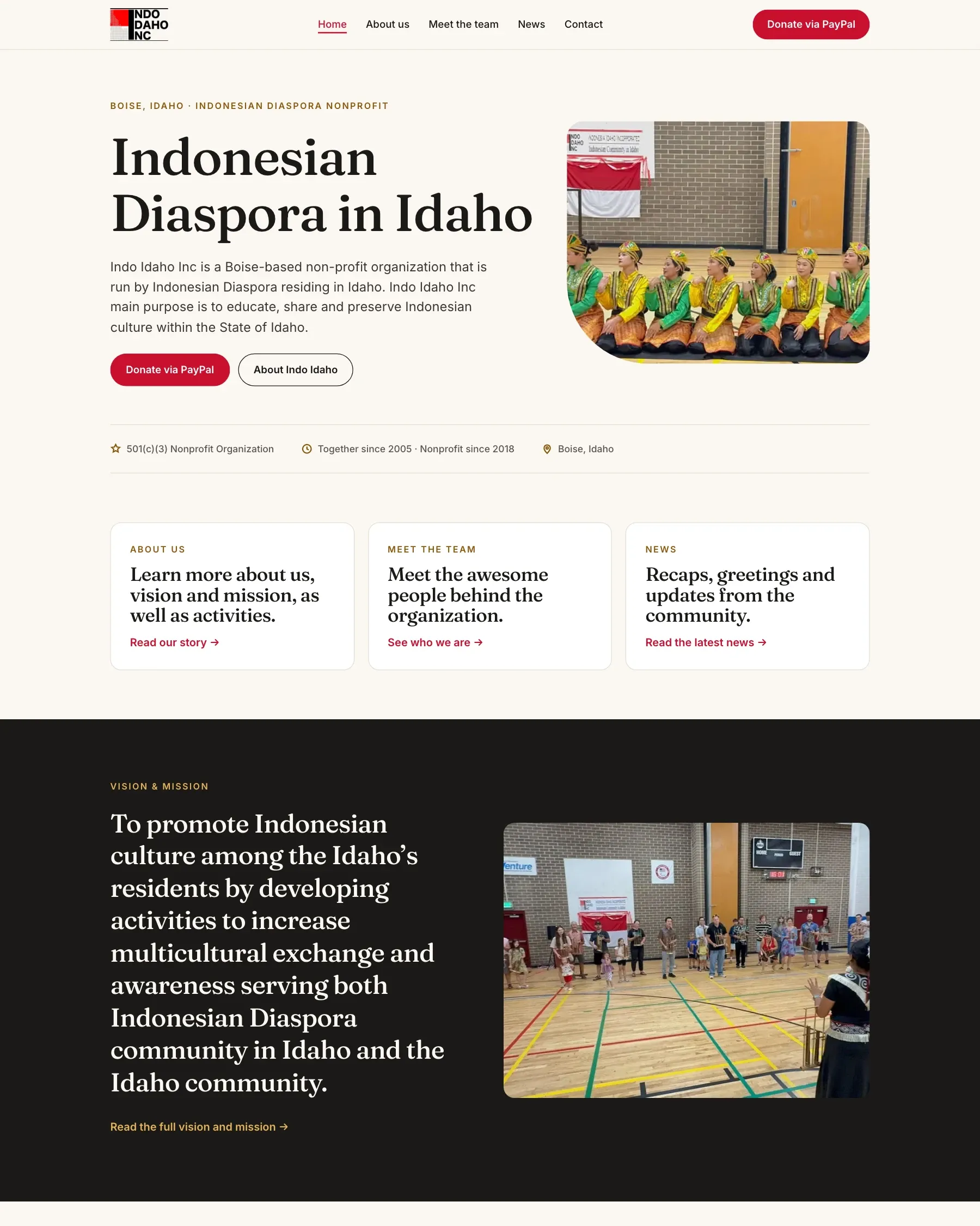 IndoIdaho.org home page with the organisation name and a photograph from a community event