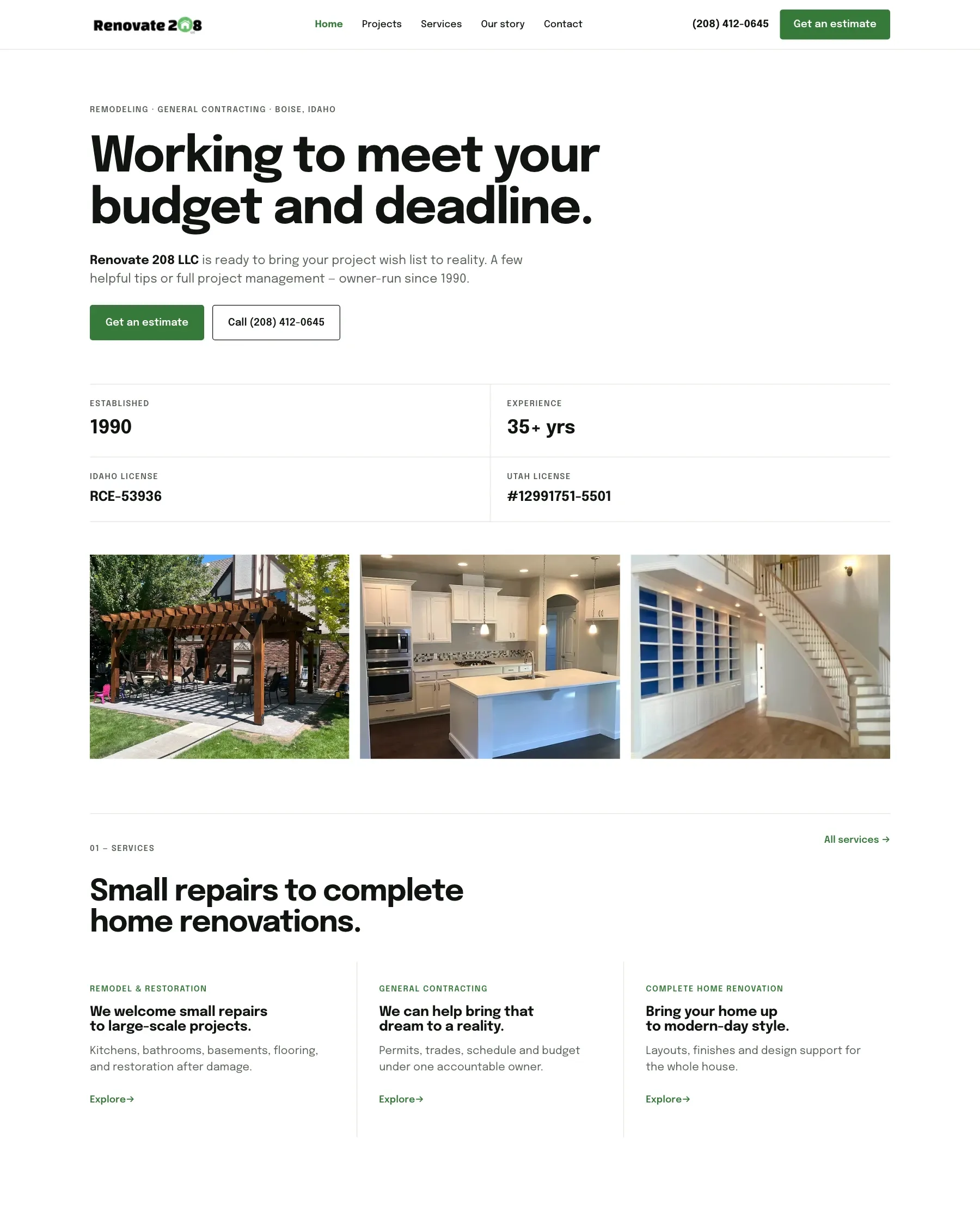 Renovate208.com home page: a remodeled kitchen and the headline about turning a project wish list into reality